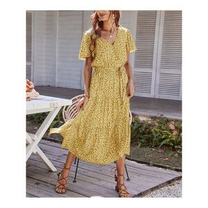 BOBEAU Womens Gold Printed Short Sleeve Split Midi Fit + Flare Dress XL